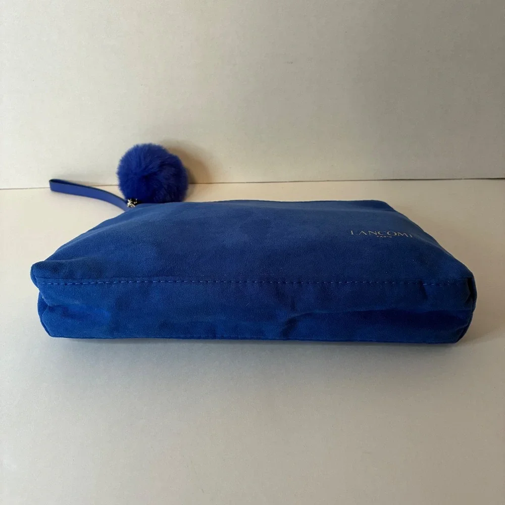 Lancome Paris Blue Faux Suede Cosmetic Bag Makeup Pouch with Pom Pom Charm Luxe